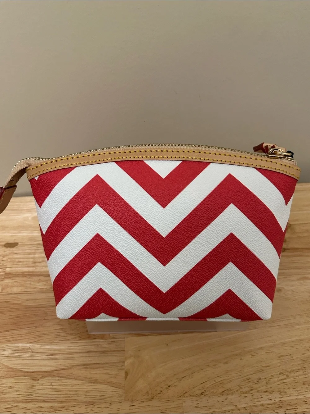 Dooney & Bourke Red and White Chevron Pouch with Tan Trim